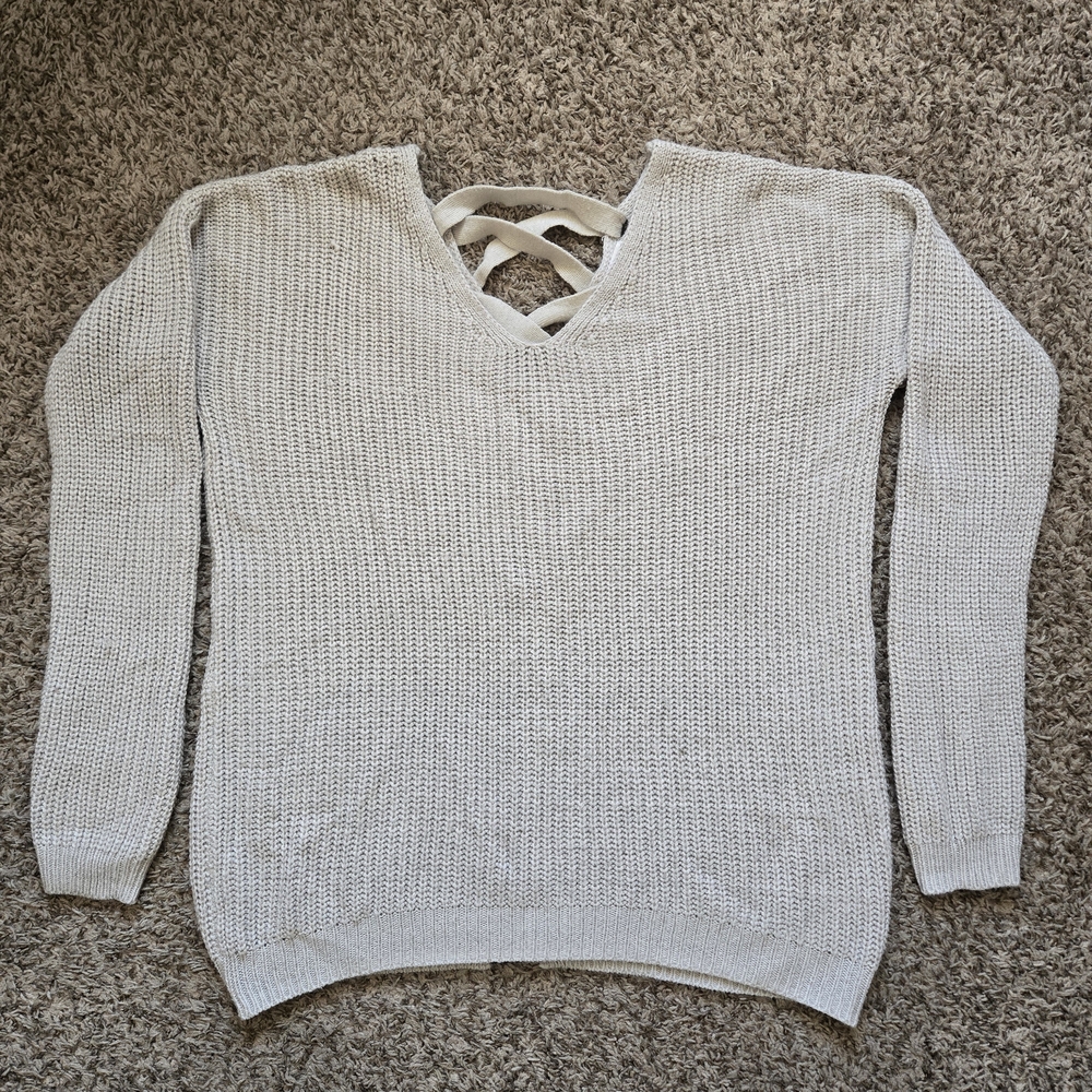 SO Heritage Lace Up Back Knit Sweater Size Large Oatmeal Cottagecore Size L